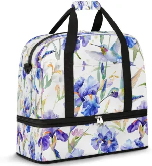 Hummingbirds Flower Hibiscus Foldable Travel Duffel Bag Overnight Weekender Bags with Shoes Compartment Sports Gym Bags for Men Women