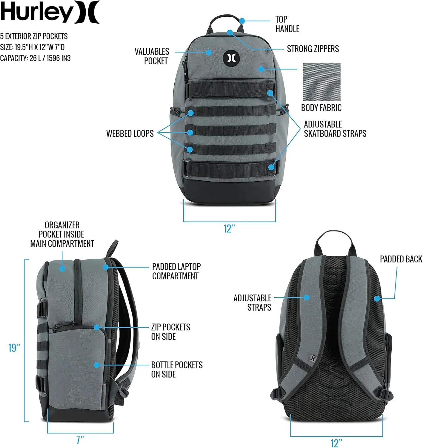 Hurley Mens Skateboard Backpack, Olive, One Size