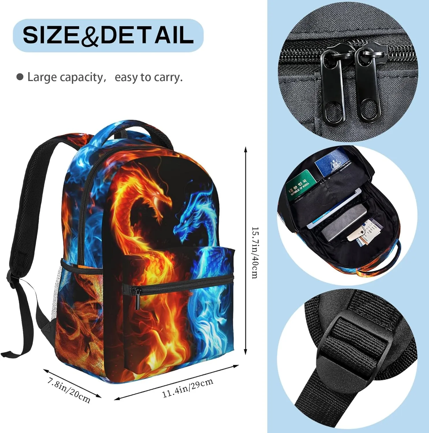 Ice and Fire Double Dragon Backpack for Kids Teen Girls Boys , Laptop Bag Shoulders for Teen Adults, Cool Lighting Backpack Gifts for Boys Girls Children , Red Blue Fire Dragon Bags for School Travel