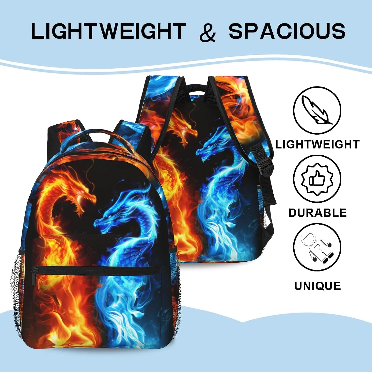 Ice and Fire Double Dragon Backpack for Kids Teen Girls Boys , Laptop Bag Shoulders for Teen Adults, Cool Lighting Backpack Gifts for Boys Girls Children , Red Blue Fire Dragon Bags for School Travel