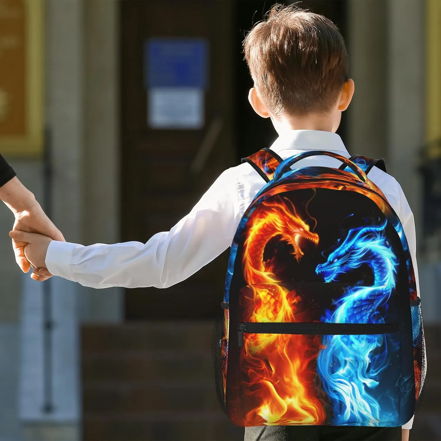 Ice and Fire Double Dragon Backpack for Kids Teen Girls Boys , Laptop Bag Shoulders for Teen Adults, Cool Lighting Backpack Gifts for Boys Girls Children , Red Blue Fire Dragon Bags for School Travel