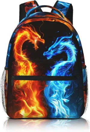 Ice and Fire Double Dragon Backpack for Kids Teen Girls Boys , Laptop Bag Shoulders for Teen Adults, Cool Lighting Backpack Gifts for Boys Girls Children , Red Blue Fire Dragon Bags for School Travel