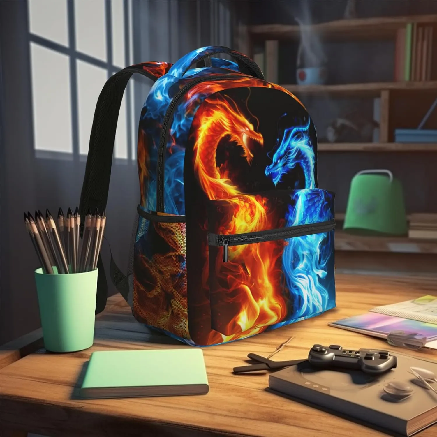 Ice and Fire Double Dragon Backpack for Kids Teen Girls Boys , Laptop Bag Shoulders for Teen Adults, Cool Lighting Backpack Gifts for Boys Girls Children , Red Blue Fire Dragon Bags for School Travel