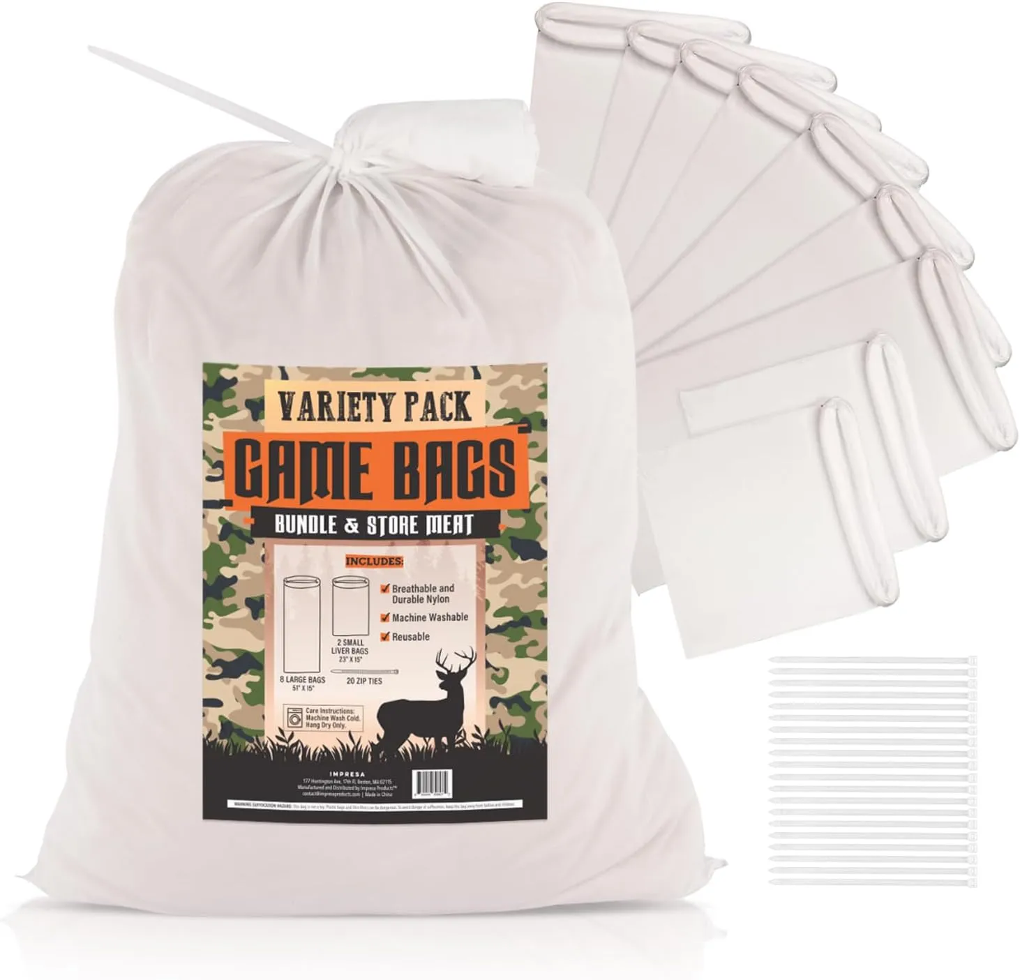 IMPRESA Variety Pack Game Bags for Meat - 8 Large & 2 Small Set, Breathable Hunting Bag for Caribou, Elk, Deer Meat & More, Durable and Reusable Deer Game Bags with Ties