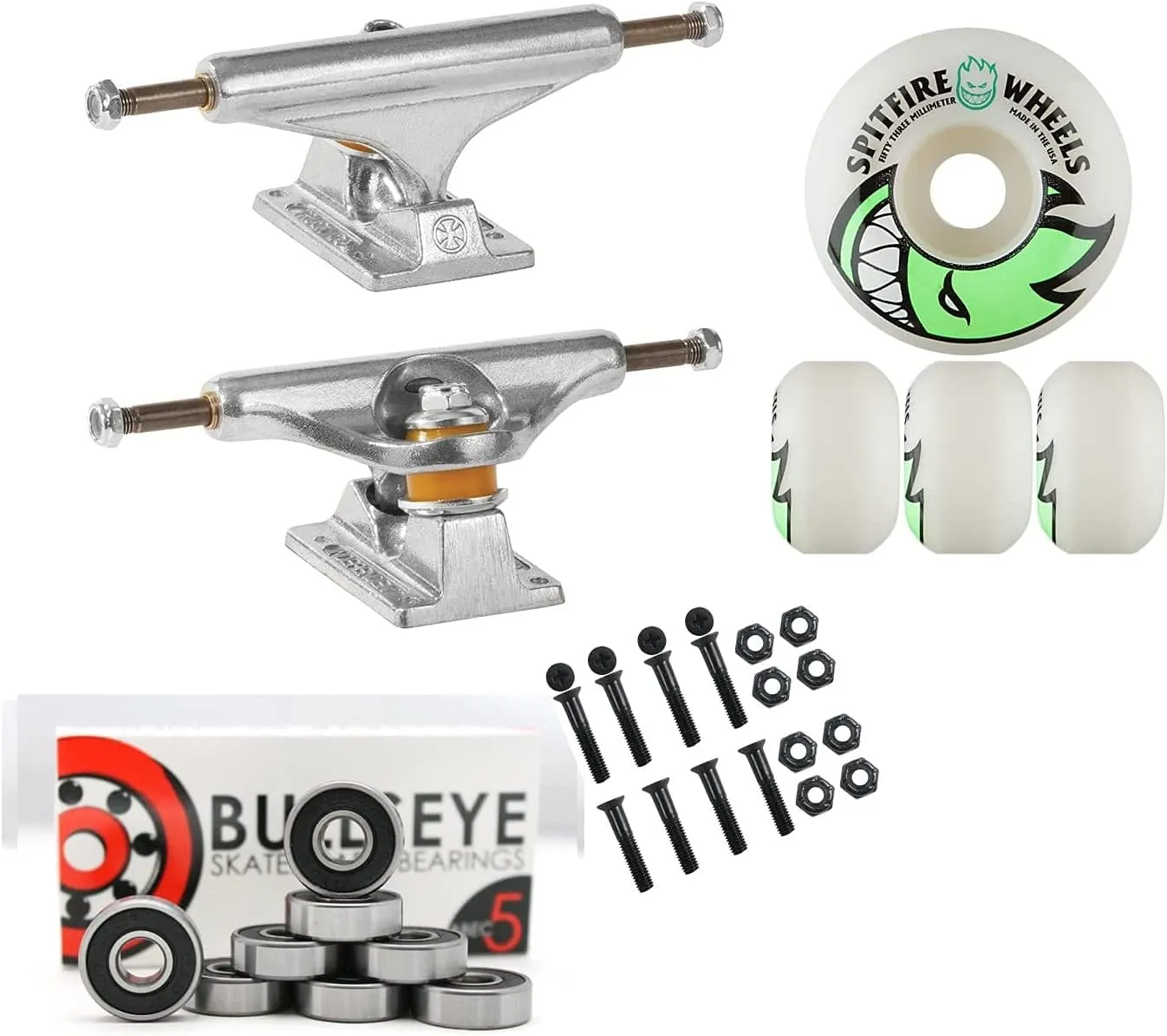 Independent Silver 139mm Truck 8.0" Package Skateboard Spitfire Wheels 53mm Abec 7 Bearings