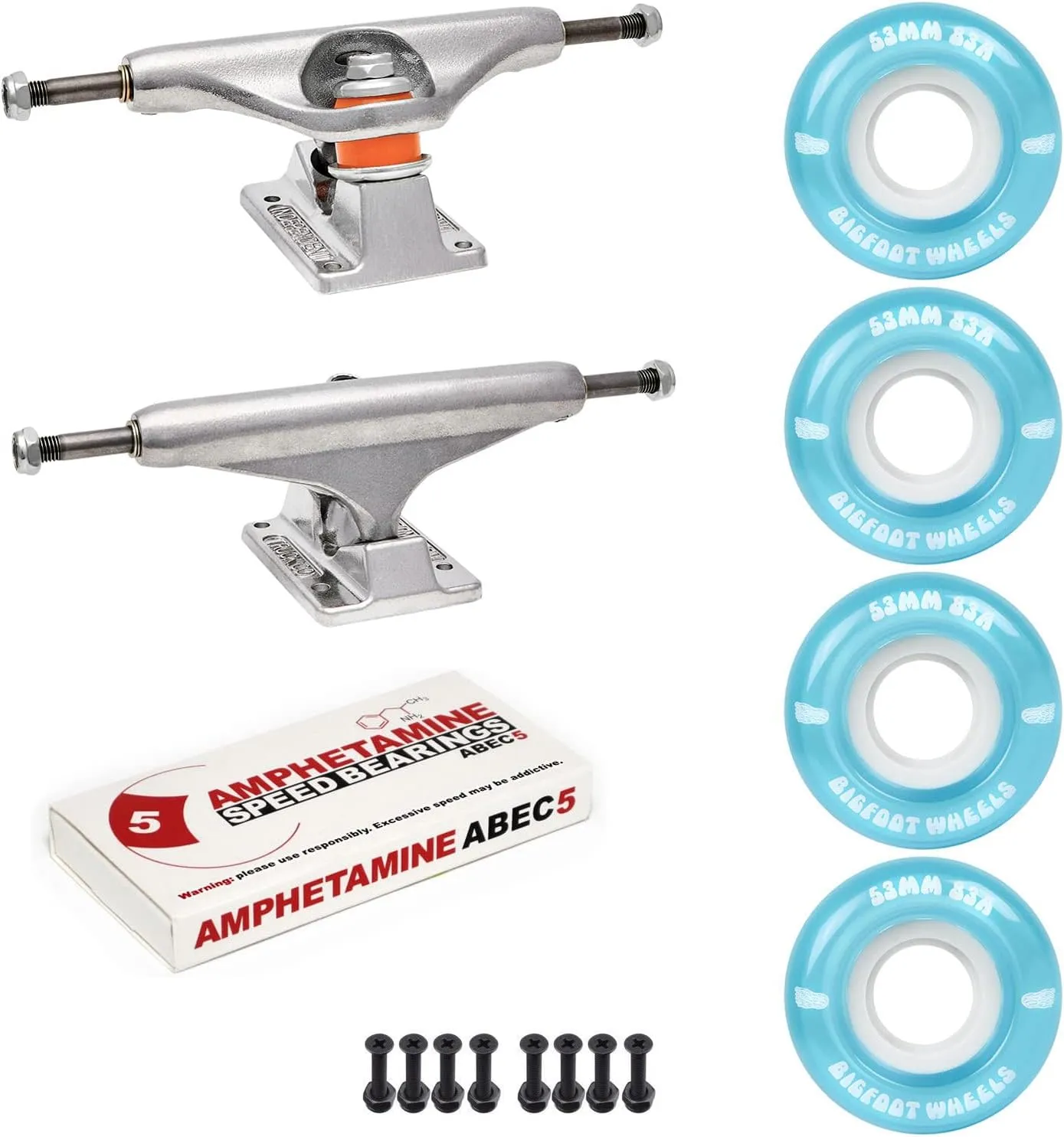 Independent Skateboard Trucks Package Kit with Bigfoot 53mm Soft 83A Wheels, Amp 5 Bearings, 1" Phillips Mounting Hardware, and 1/8" Risers