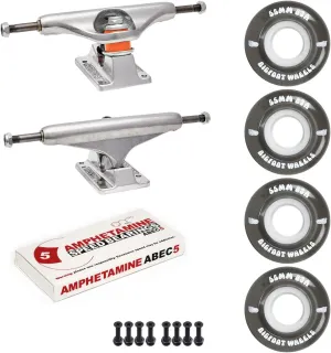 Independent Skateboard Trucks Package Kit with Bigfoot 55mm Soft 83A Wheels, Amp 5 Bearings, 1" Phillips Mounting Hardware, and 1/8" Risers