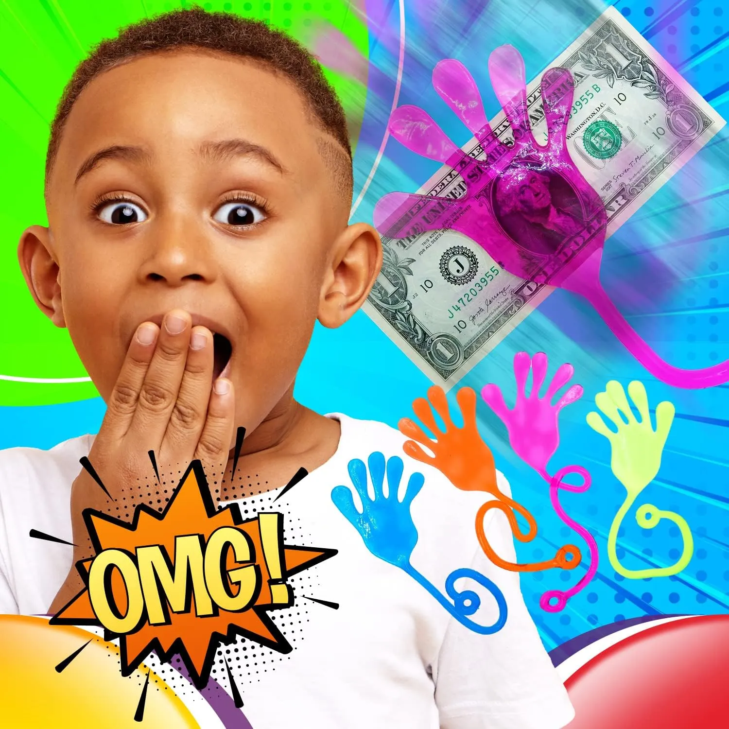 JA-RU Snap Hand-Jumbo Sticky Hands Toy (12 Packs Assorted). Large Stretchy Sticky Hands Toy for Kids. Party Favors, Classroom Prizes, Birthday Gifts Easter Day Goodie Bags Stuffers Bulk 414-12s