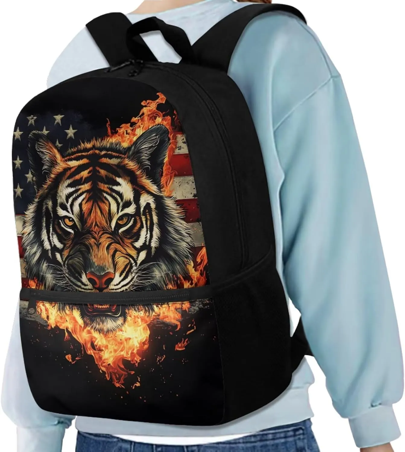 JEOCODY Cool Tigers Backpack for Kids Boys School Bookbag and Lunchbox Pencil Box Organizer American Flag School Bag for Girls Casual Daypack for Travel Hiking