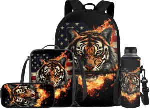 JEOCODY Cool Tigers Backpack for Kids Boys School Bookbag and Lunchbox Pencil Box Organizer American Flag School Bag for Girls Casual Daypack for Travel Hiking