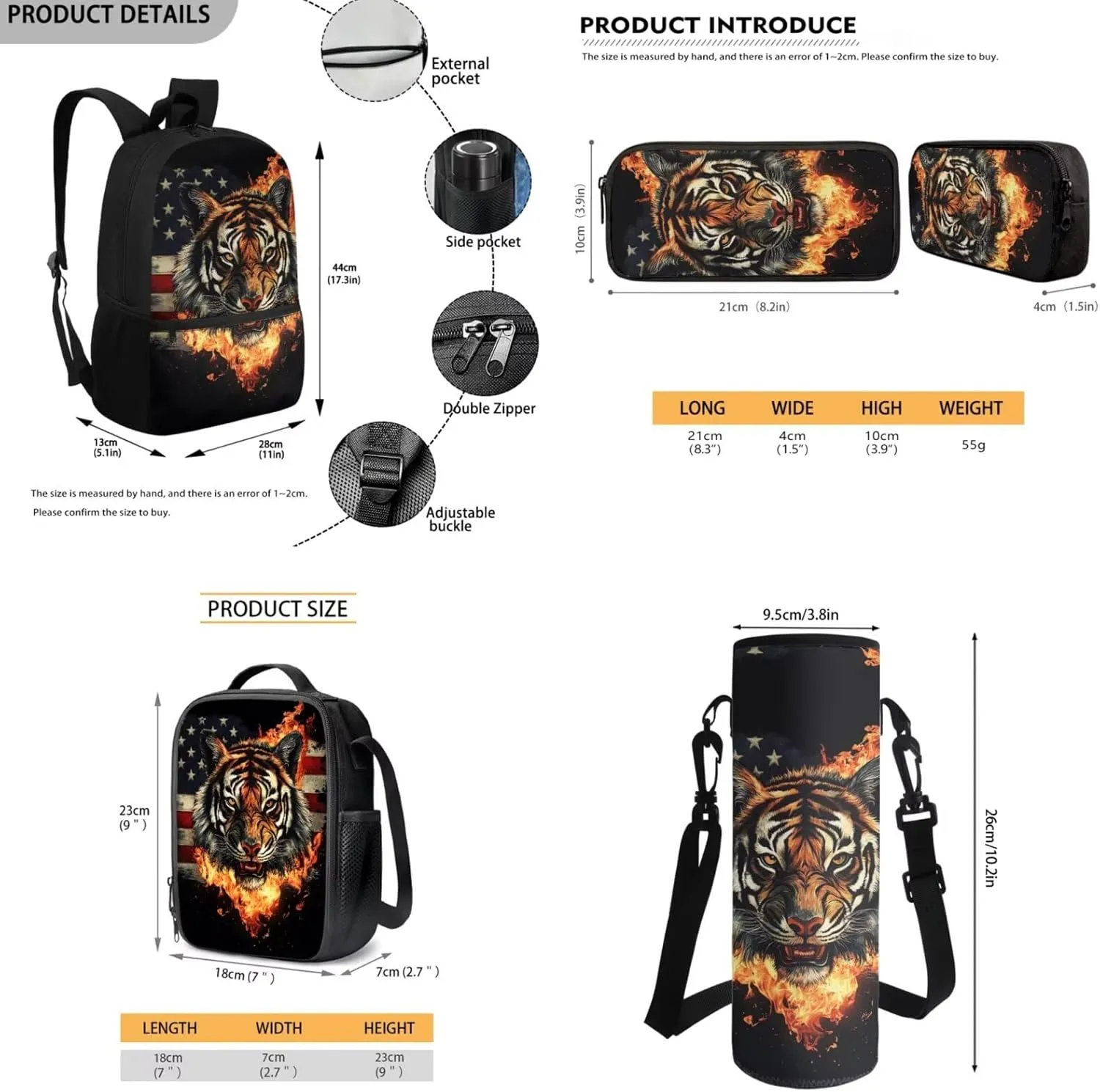 JEOCODY Cool Tigers Backpack for Kids Boys School Bookbag and Lunchbox Pencil Box Organizer American Flag School Bag for Girls Casual Daypack for Travel Hiking
