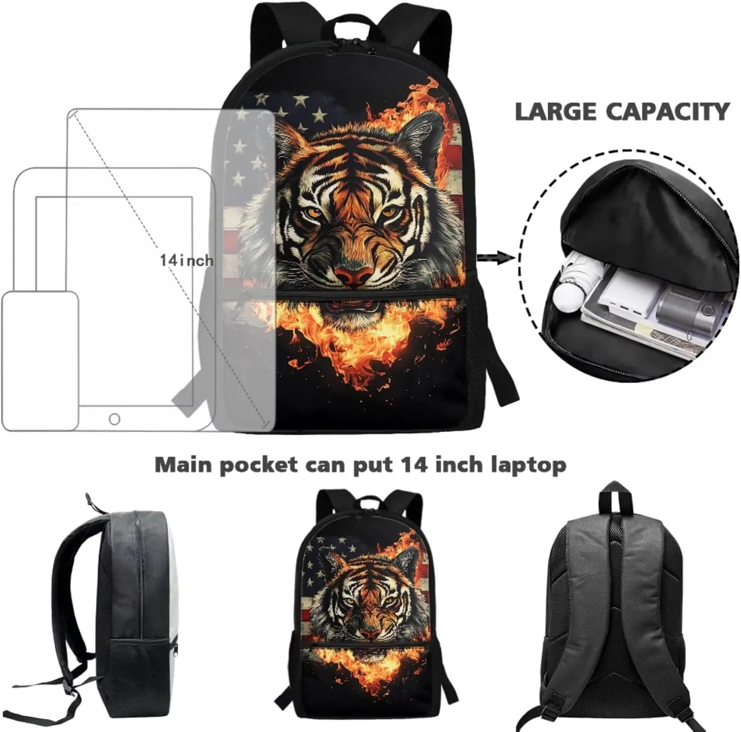 JEOCODY Cool Tigers Backpack for Kids Boys School Bookbag and Lunchbox Pencil Box Organizer American Flag School Bag for Girls Casual Daypack for Travel Hiking