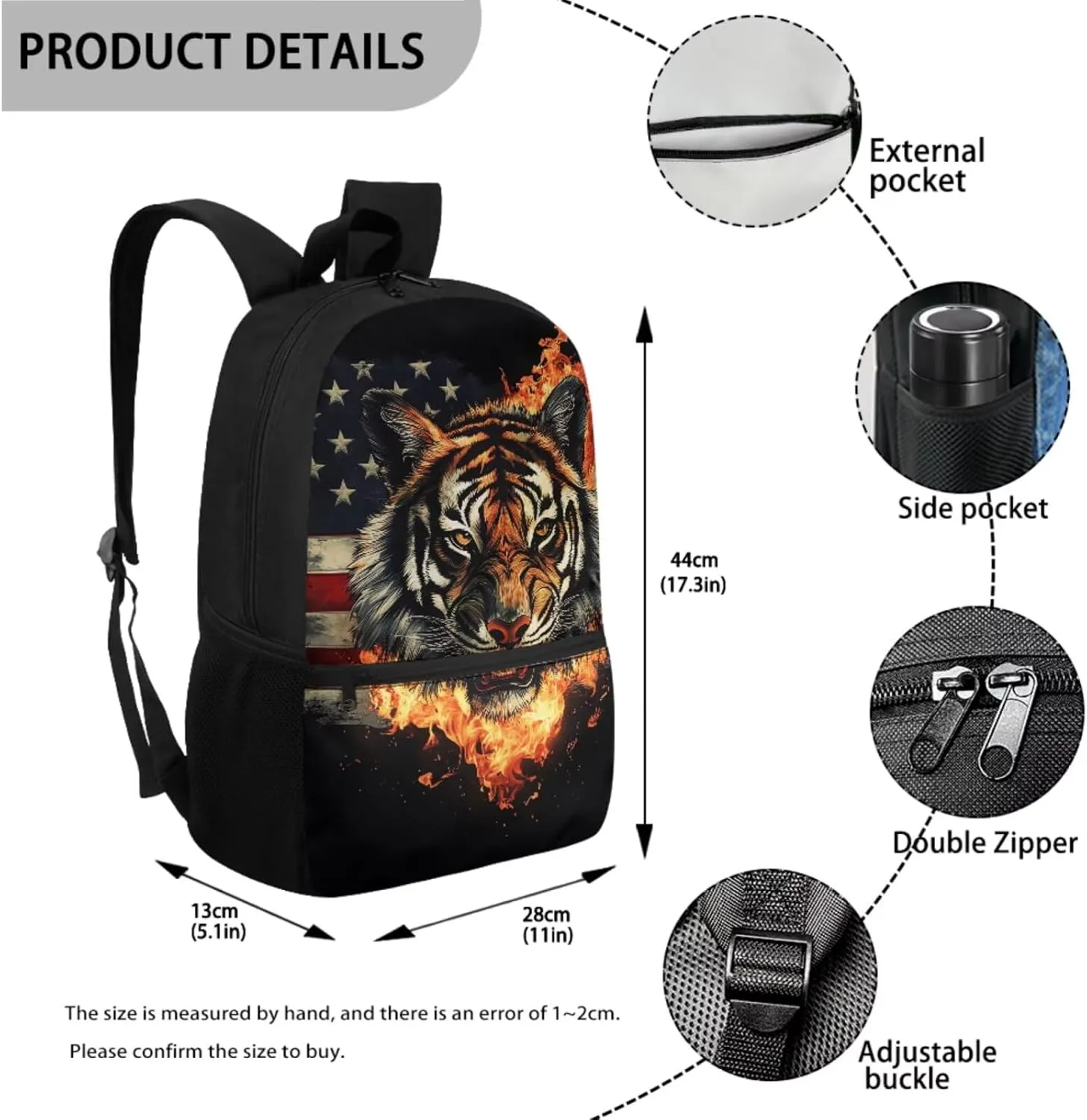 JEOCODY Cool Tigers Backpack for Kids Boys School Bookbag and Lunchbox Pencil Box Organizer American Flag School Bag for Girls Casual Daypack for Travel Hiking