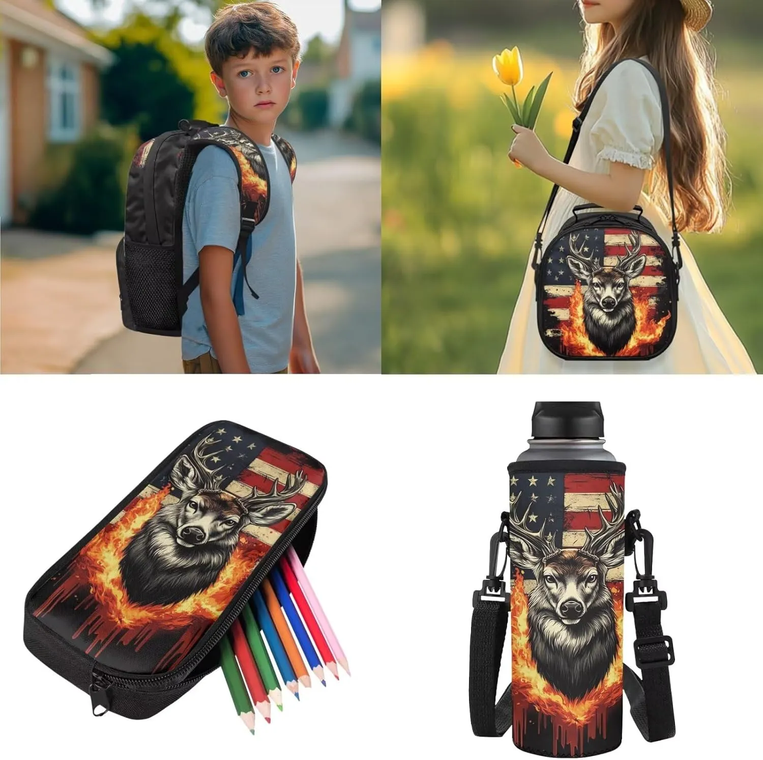 JEOCODY Fire Deer Backpack Kids School Bag American Flag Boys Girls Backpack with Lunch Box Set Kids Bookbag with Water Bottle Holder Pencil Cae Pouch Casual Daypack for Travel Hiking