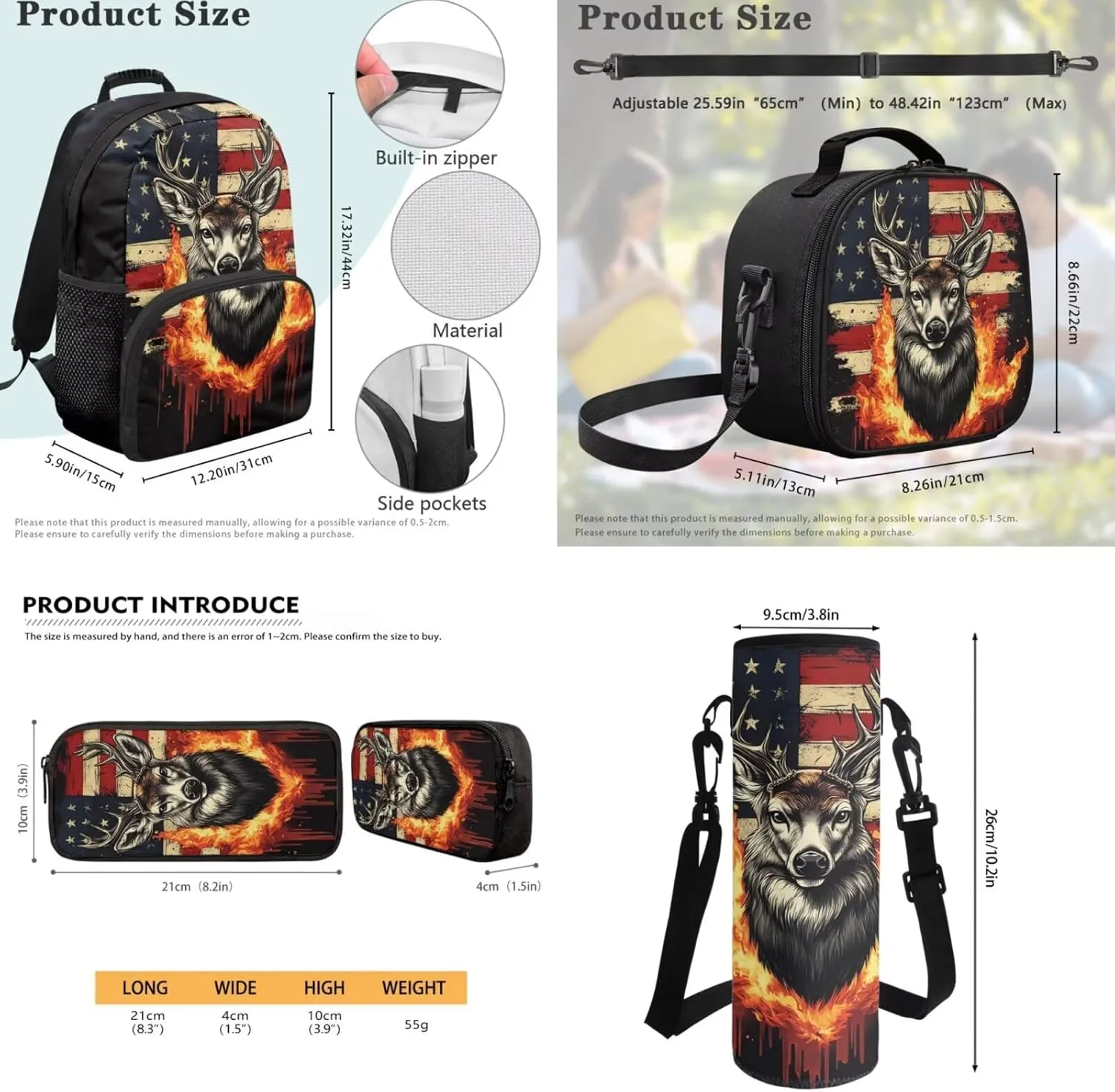 JEOCODY Fire Deer Backpack Kids School Bag American Flag Boys Girls Backpack with Lunch Box Set Kids Bookbag with Water Bottle Holder Pencil Cae Pouch Casual Daypack for Travel Hiking