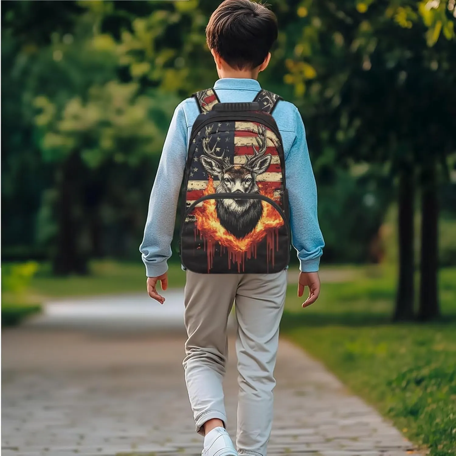 JEOCODY Fire Deer Backpack Kids School Bag American Flag Boys Girls Backpack with Lunch Box Set Kids Bookbag with Water Bottle Holder Pencil Cae Pouch Casual Daypack for Travel Hiking