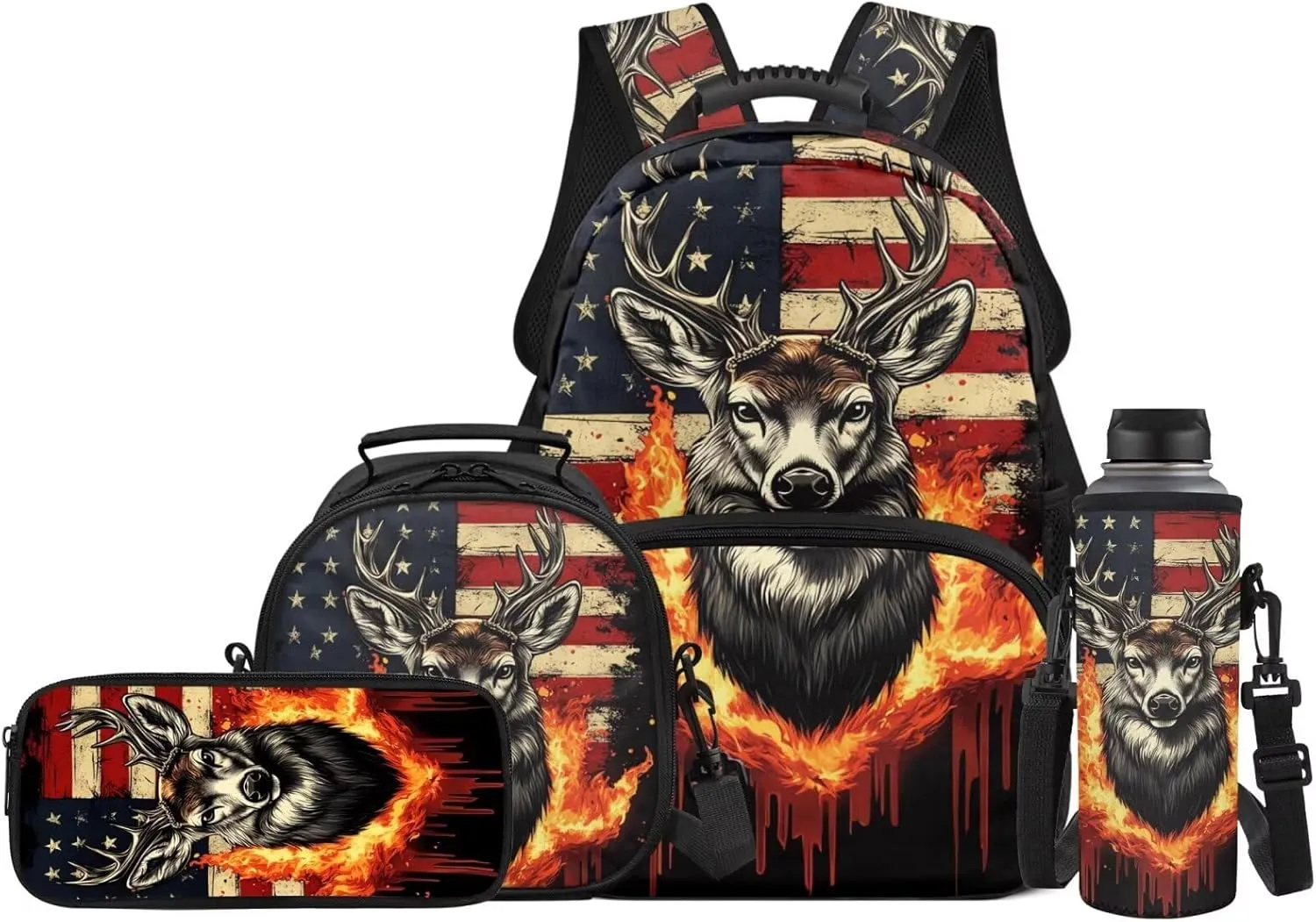 JEOCODY Fire Deer Backpack Kids School Bag American Flag Boys Girls Backpack with Lunch Box Set Kids Bookbag with Water Bottle Holder Pencil Cae Pouch Casual Daypack for Travel Hiking