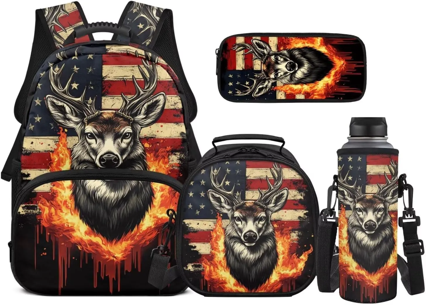 JEOCODY Fire Deer Backpack Kids School Bag American Flag Boys Girls Backpack with Lunch Box Set Kids Bookbag with Water Bottle Holder Pencil Cae Pouch Casual Daypack for Travel Hiking