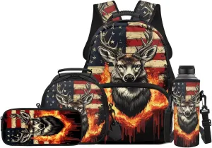 JEOCODY Fire Deer Backpack Kids School Bag American Flag Boys Girls Backpack with Lunch Box Set Kids Bookbag with Water Bottle Holder Pencil Cae Pouch Casual Daypack for Travel Hiking
