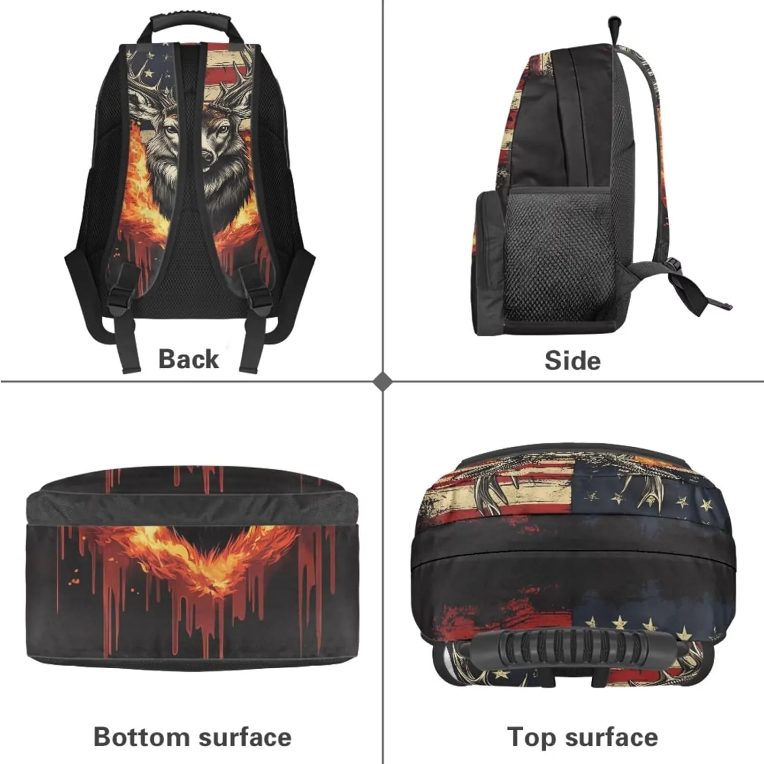 JEOCODY Fire Deer Backpack Kids School Bag American Flag Boys Girls Backpack with Lunch Box Set Kids Bookbag with Water Bottle Holder Pencil Cae Pouch Casual Daypack for Travel Hiking