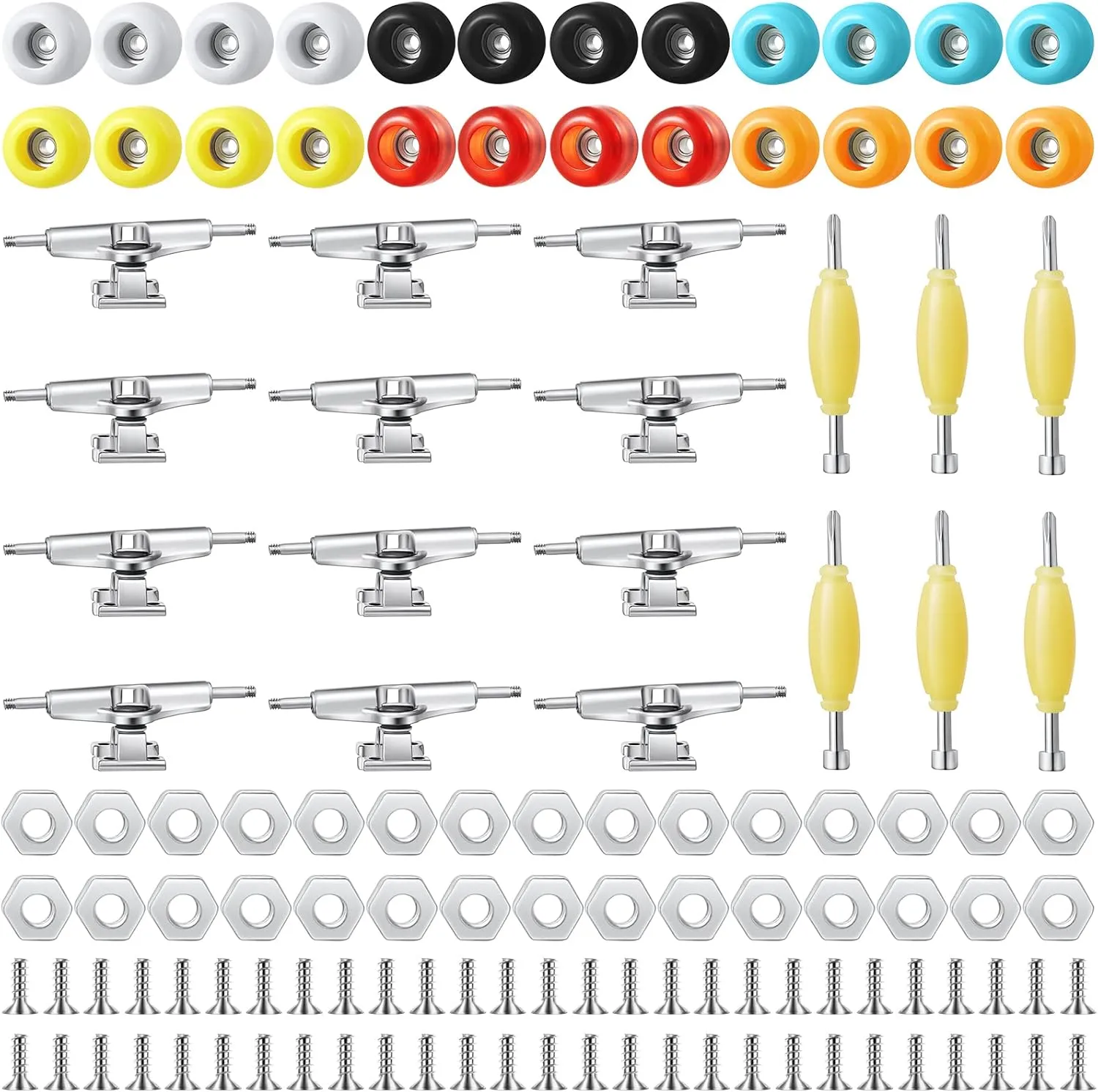 Jexine 6 Sets DIY Fingerboard Kit Fingerboard Accessories Mini Finger Skateboard Parts Include 12 Brackets 54 Screws 30 Nuts 6 Screwdriver 24 Board Wheels Tool for 96mm(Colorful)
