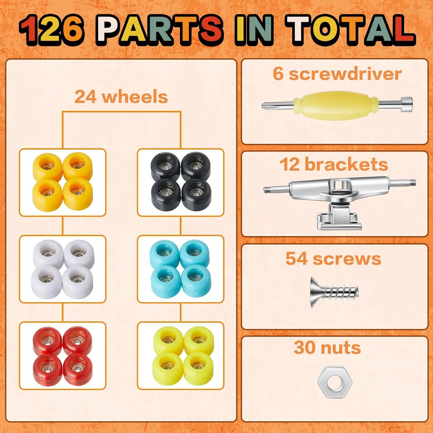 Jexine 6 Sets DIY Fingerboard Kit Fingerboard Accessories Mini Finger Skateboard Parts Include 12 Brackets 54 Screws 30 Nuts 6 Screwdriver 24 Board Wheels Tool for 96mm(Colorful)