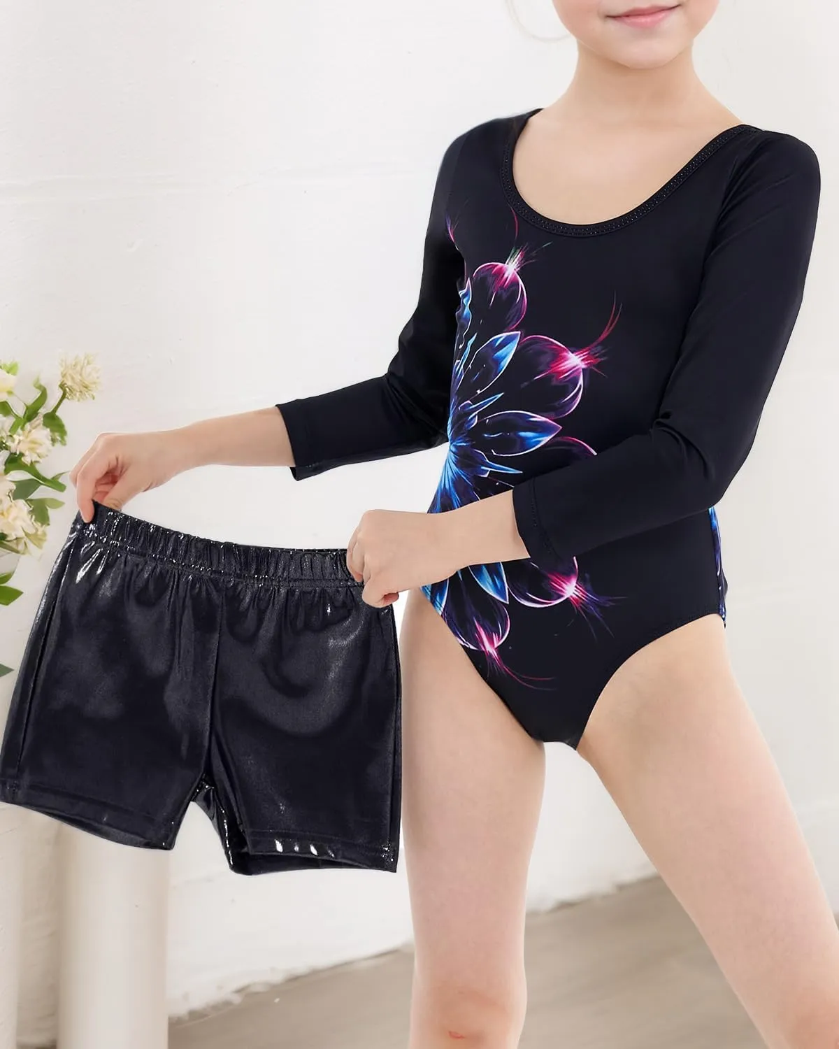 JiAmy Gymnastics Leotards for Girls Cross Back, Long Sleeve Sparkly Dance Biketards with Shorts Ballet Outfit for 3-12 Years