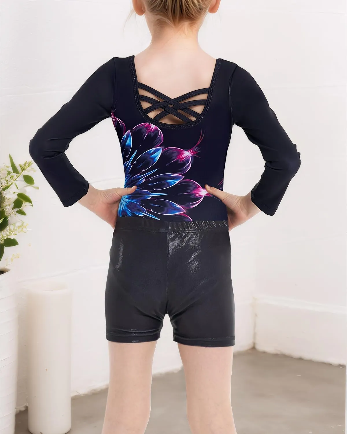 JiAmy Gymnastics Leotards for Girls Cross Back, Long Sleeve Sparkly Dance Biketards with Shorts Ballet Outfit for 3-12 Years