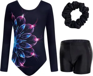 JiAmy Gymnastics Leotards for Girls Cross Back, Long Sleeve Sparkly Dance Biketards with Shorts Ballet Outfit for 3-12 Years
