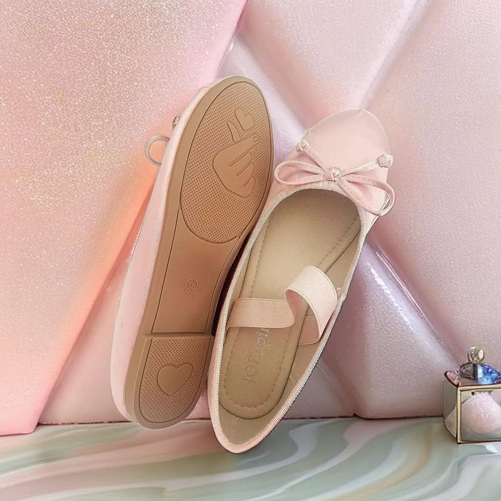 JOEupin Women's Pink Ballet Flats with Bow - Comfortable & Lightweight Shoes | Ballet Flats with Strap | Non-Slip Sole & Cushioned Arch Support Slip-On Shoes for Wedding/Work