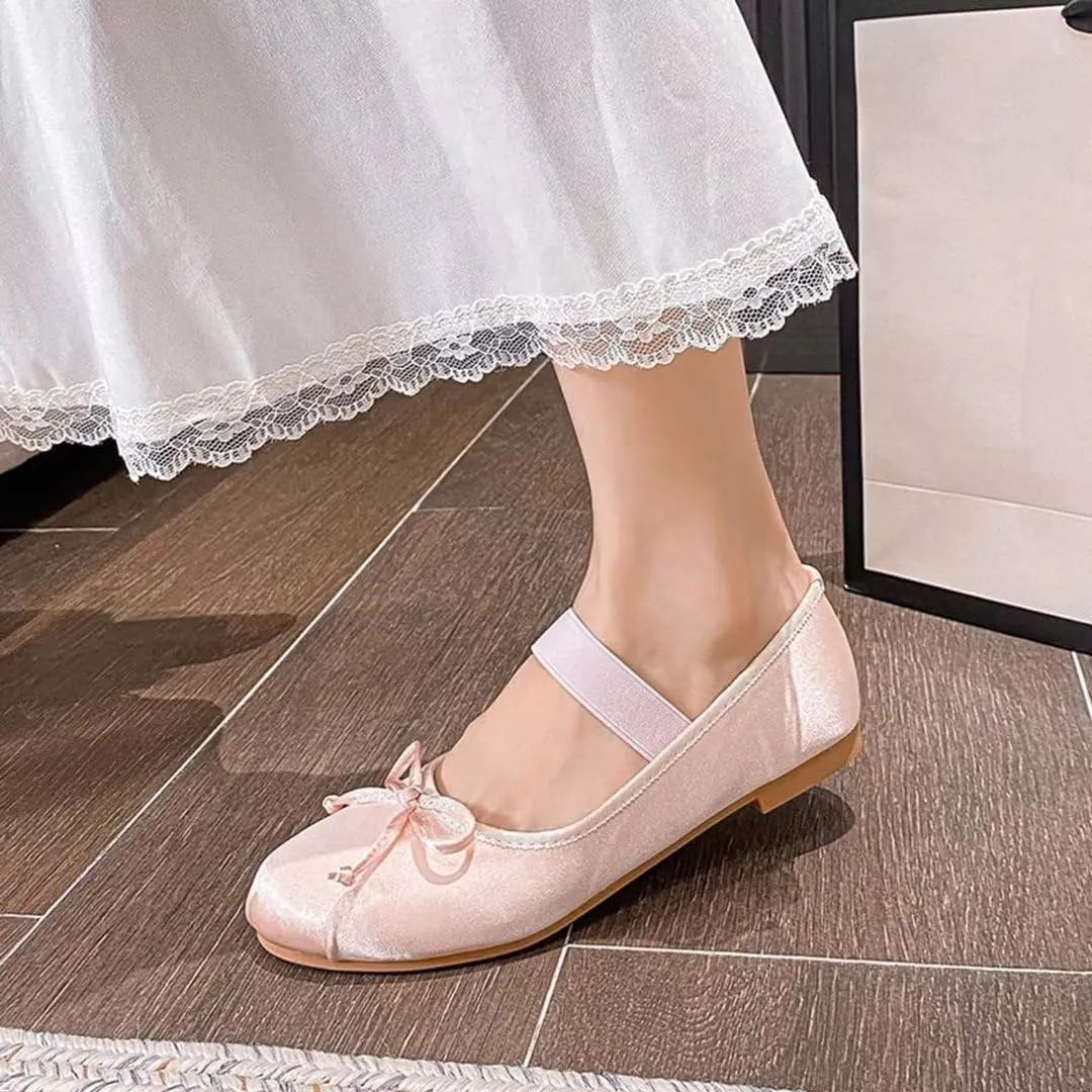 JOEupin Women's Pink Ballet Flats with Bow - Comfortable & Lightweight Shoes | Ballet Flats with Strap | Non-Slip Sole & Cushioned Arch Support Slip-On Shoes for Wedding/Work