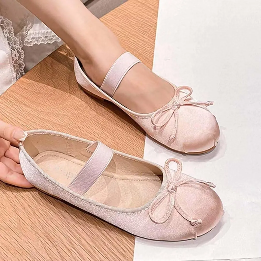 JOEupin Women's Pink Ballet Flats with Bow - Comfortable & Lightweight Shoes | Ballet Flats with Strap | Non-Slip Sole & Cushioned Arch Support Slip-On Shoes for Wedding/Work