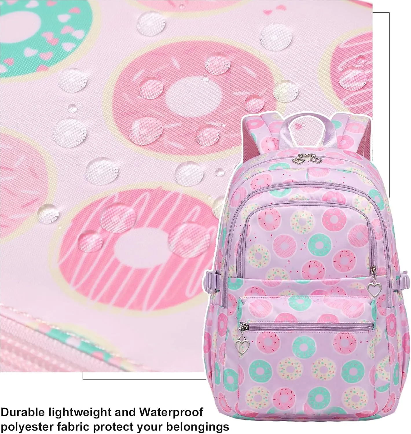 Joyfulife 3Pcs Donut Prints Backpack Sets Kids Bookbags Primary School Daypack Elementary Students Knapsack for Teens Girls