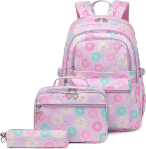 Joyfulife 3Pcs Donut Prints Backpack Sets Kids Bookbags Primary School Daypack Elementary Students Knapsack for Teens Girls