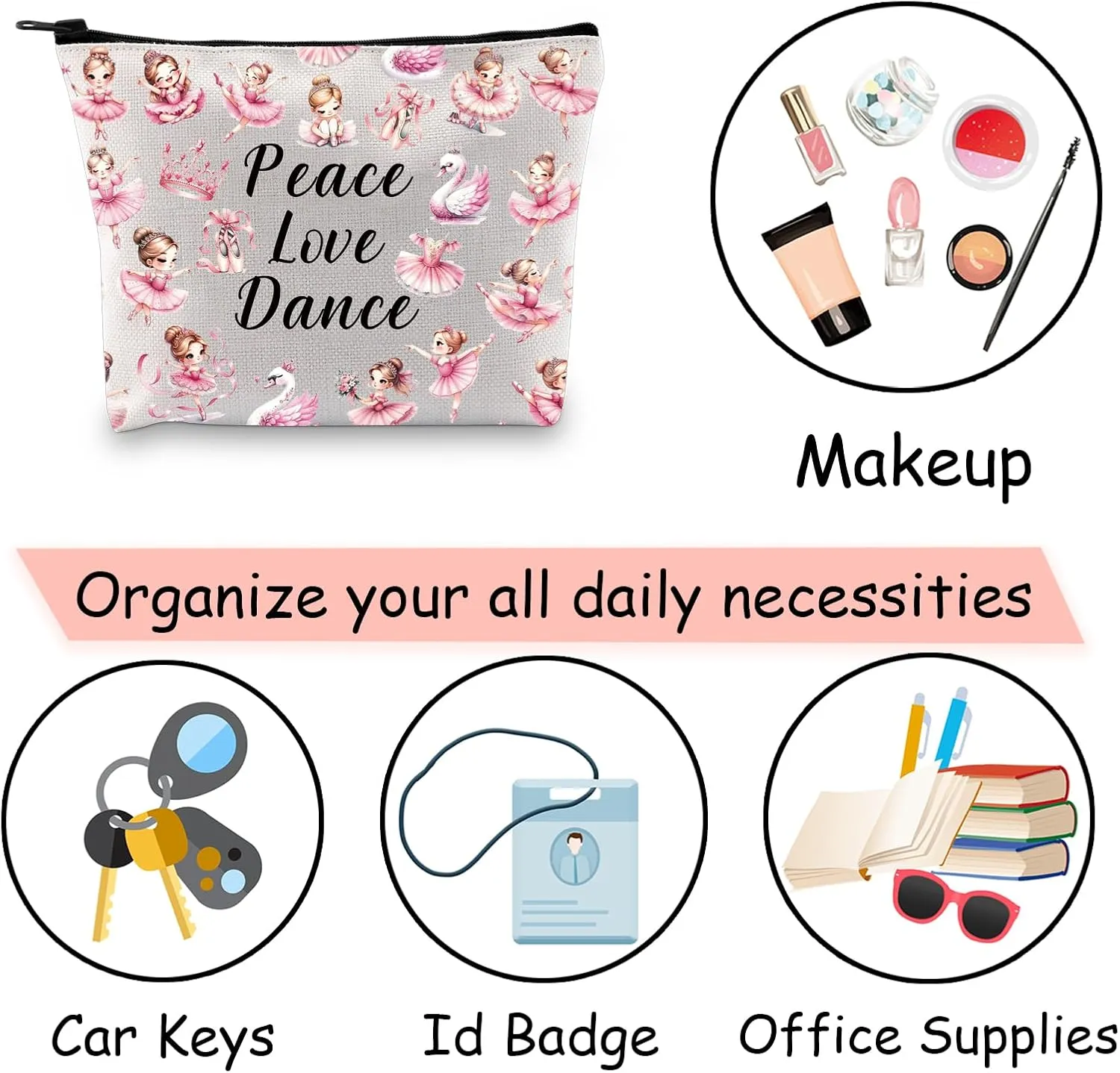 JXGZSO Dance Makeup Bag - Peace, Love & Dance Cosmetic Organizer - Gift for Dancer & Coach