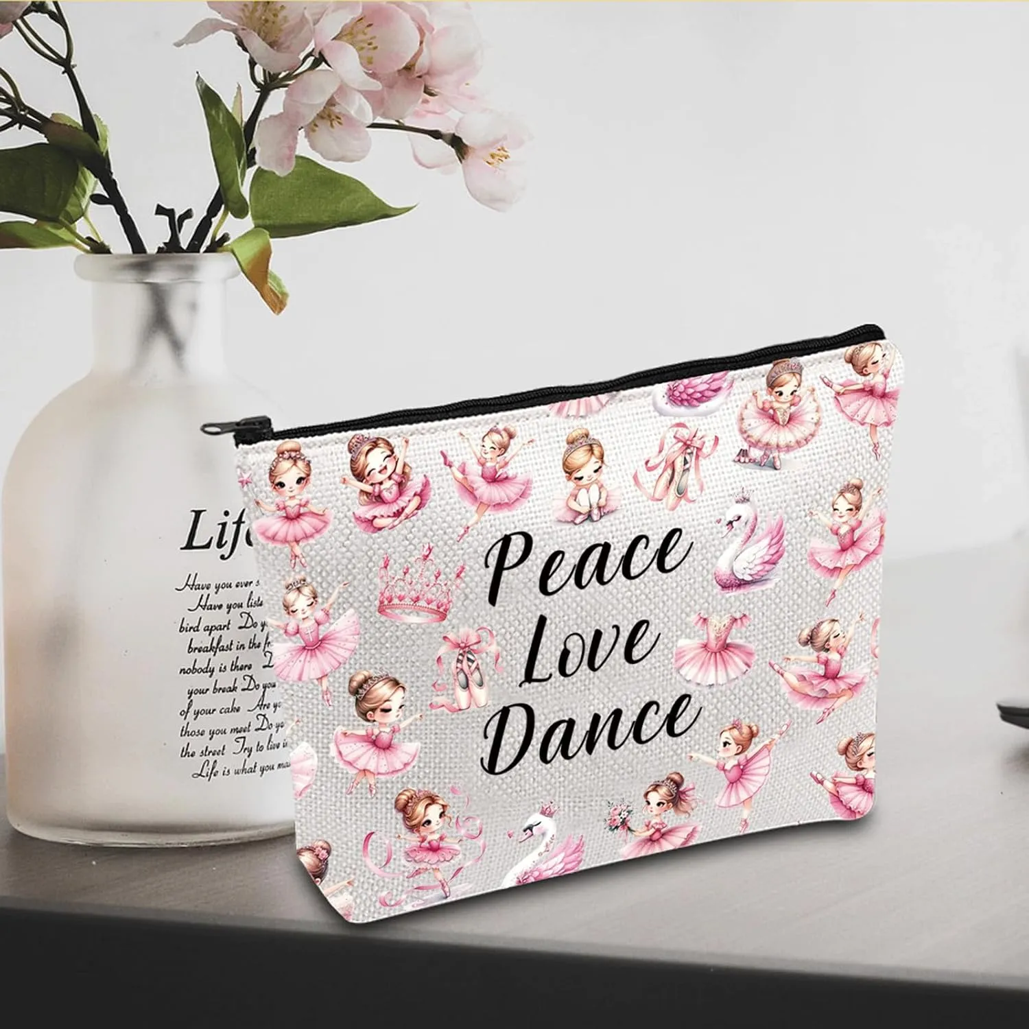 JXGZSO Dance Makeup Bag - Peace, Love & Dance Cosmetic Organizer - Gift for Dancer & Coach