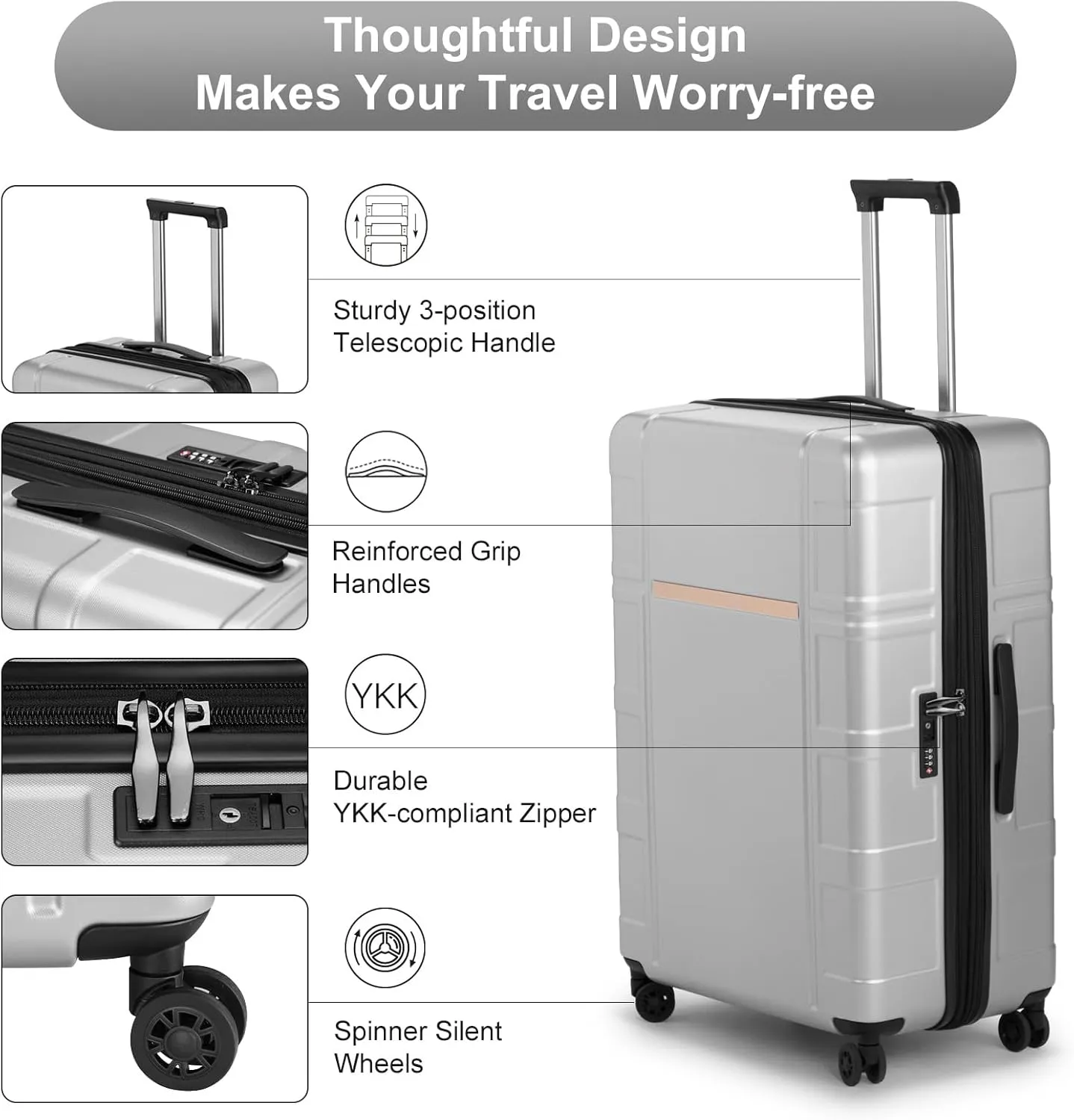 Karl home 20in Carry On Luggage Airline Approved Expandable Lightweight Hard Shell Suitcases with Wheels Built-In TSA Luggage Bag for Business/Travel Sliver