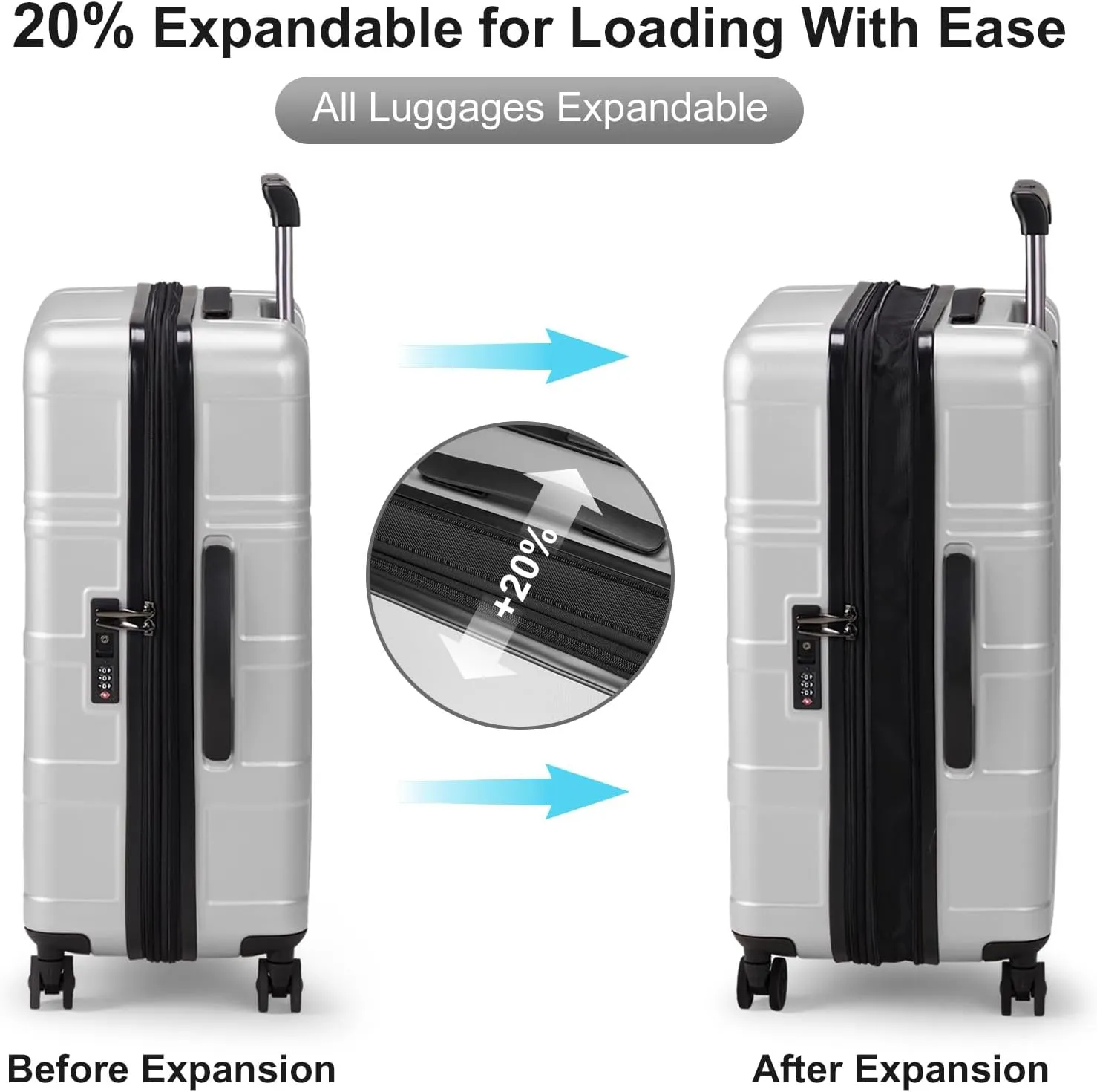 Karl home 20in Carry On Luggage Airline Approved Expandable Lightweight Hard Shell Suitcases with Wheels Built-In TSA Luggage Bag for Business/Travel Sliver