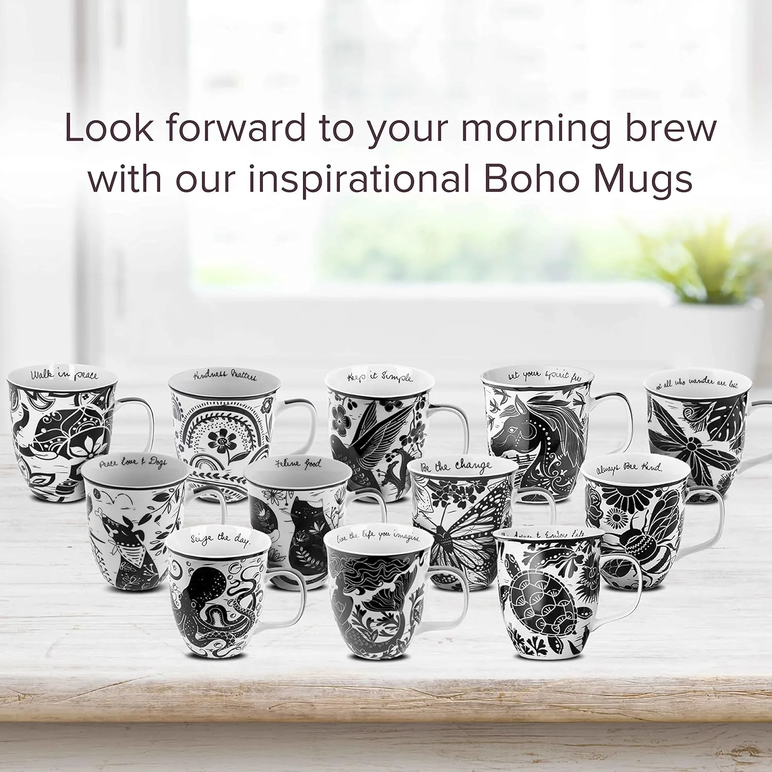 Karma Gifts 16 oz Black and White Boho Mug Dog - Cute Coffee and Tea Mug - Ceramic Coffee Mugs for Women and Men