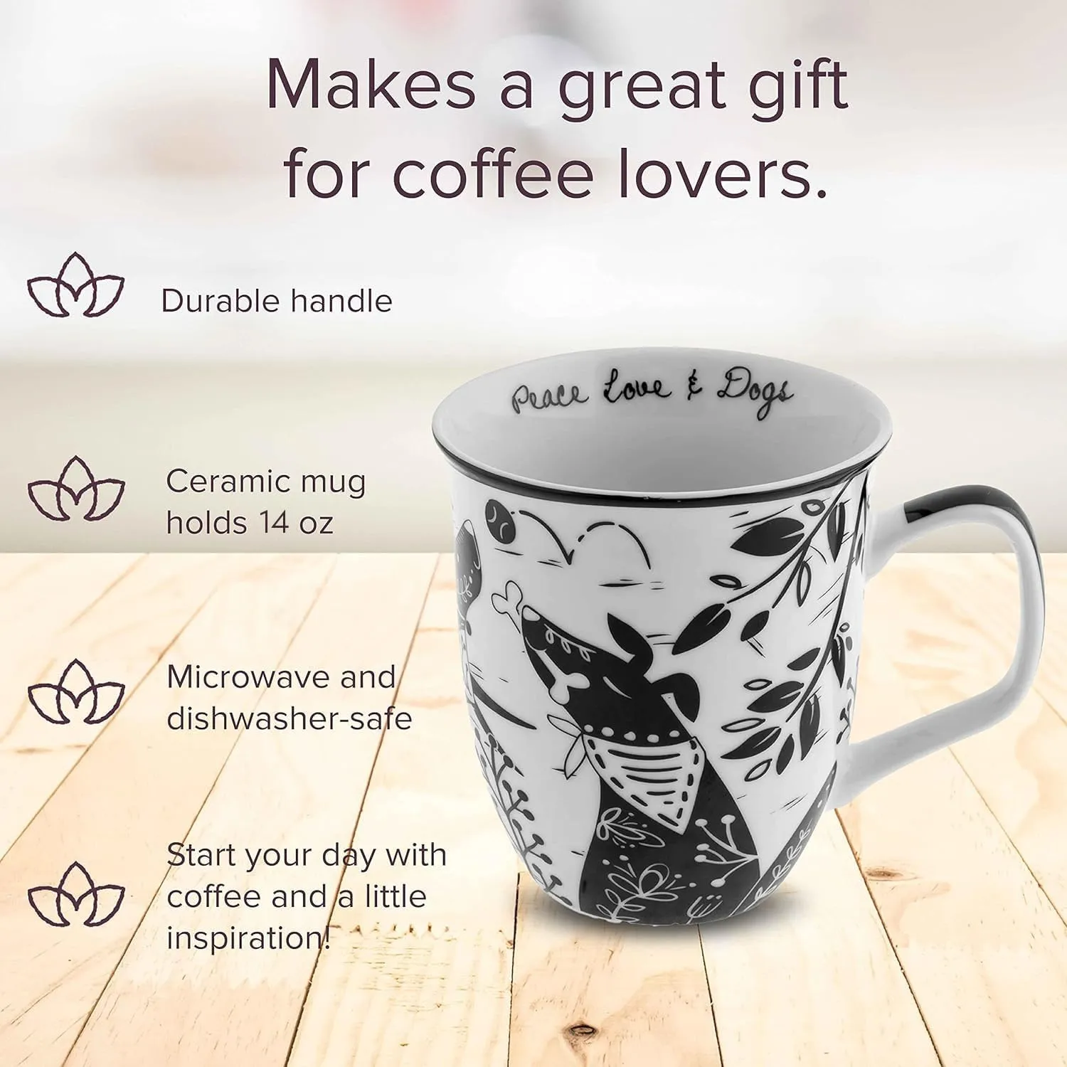 Karma Gifts 16 oz Black and White Boho Mug Dog - Cute Coffee and Tea Mug - Ceramic Coffee Mugs for Women and Men