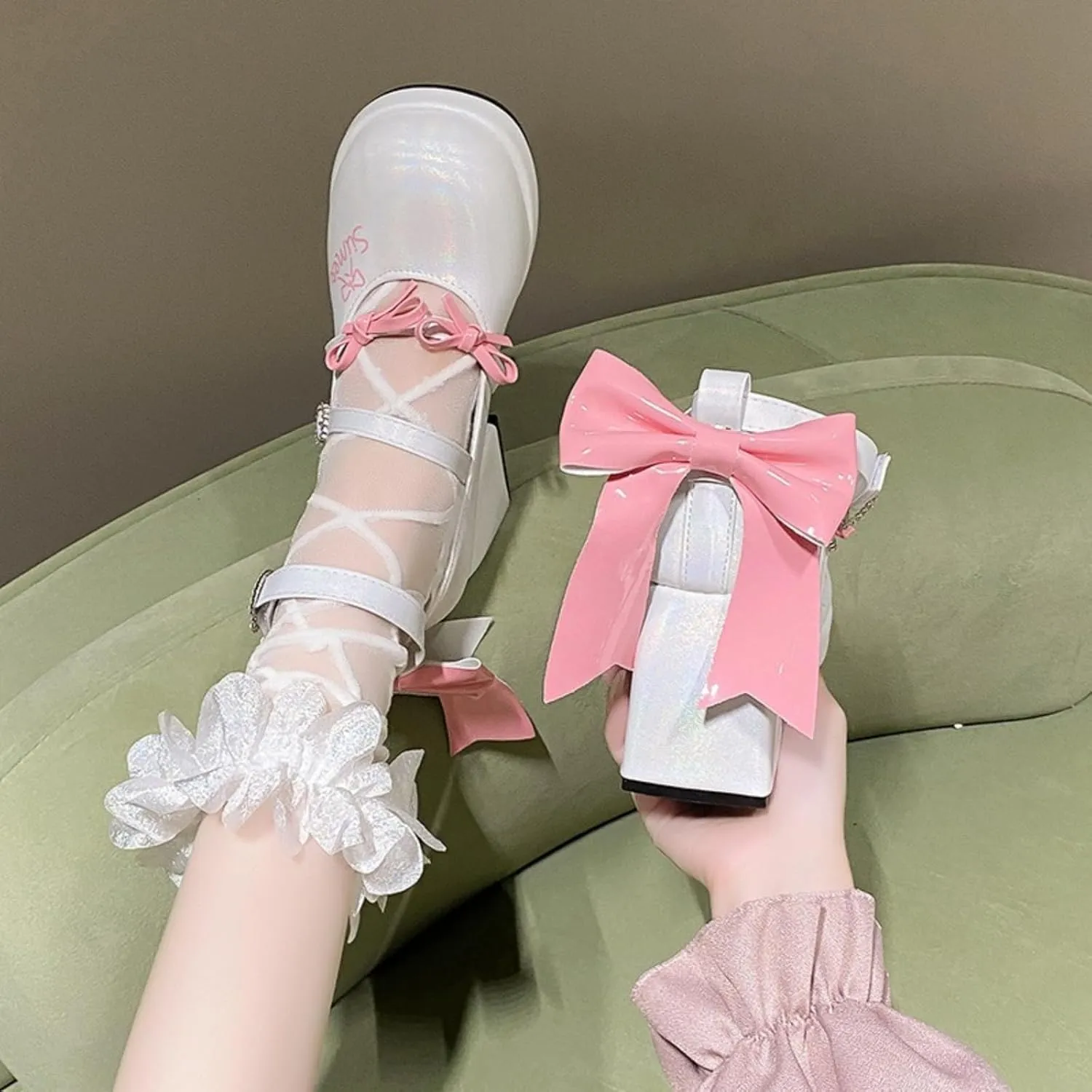 Kawaii Cute Y2K Lolita Mary Jane High Heels for Women Block Heel Platform Round Toe Sweet Bow Pumps Walking Party Shoes