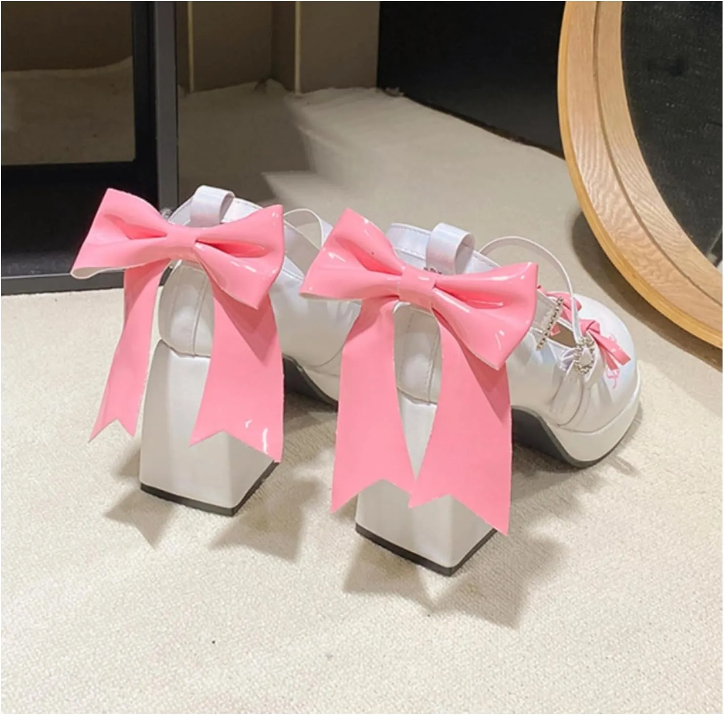 Kawaii Cute Y2K Lolita Mary Jane High Heels for Women Block Heel Platform Round Toe Sweet Bow Pumps Walking Party Shoes