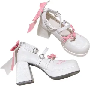 Kawaii Cute Y2K Lolita Mary Jane High Heels for Women Block Heel Platform Round Toe Sweet Bow Pumps Walking Party Shoes