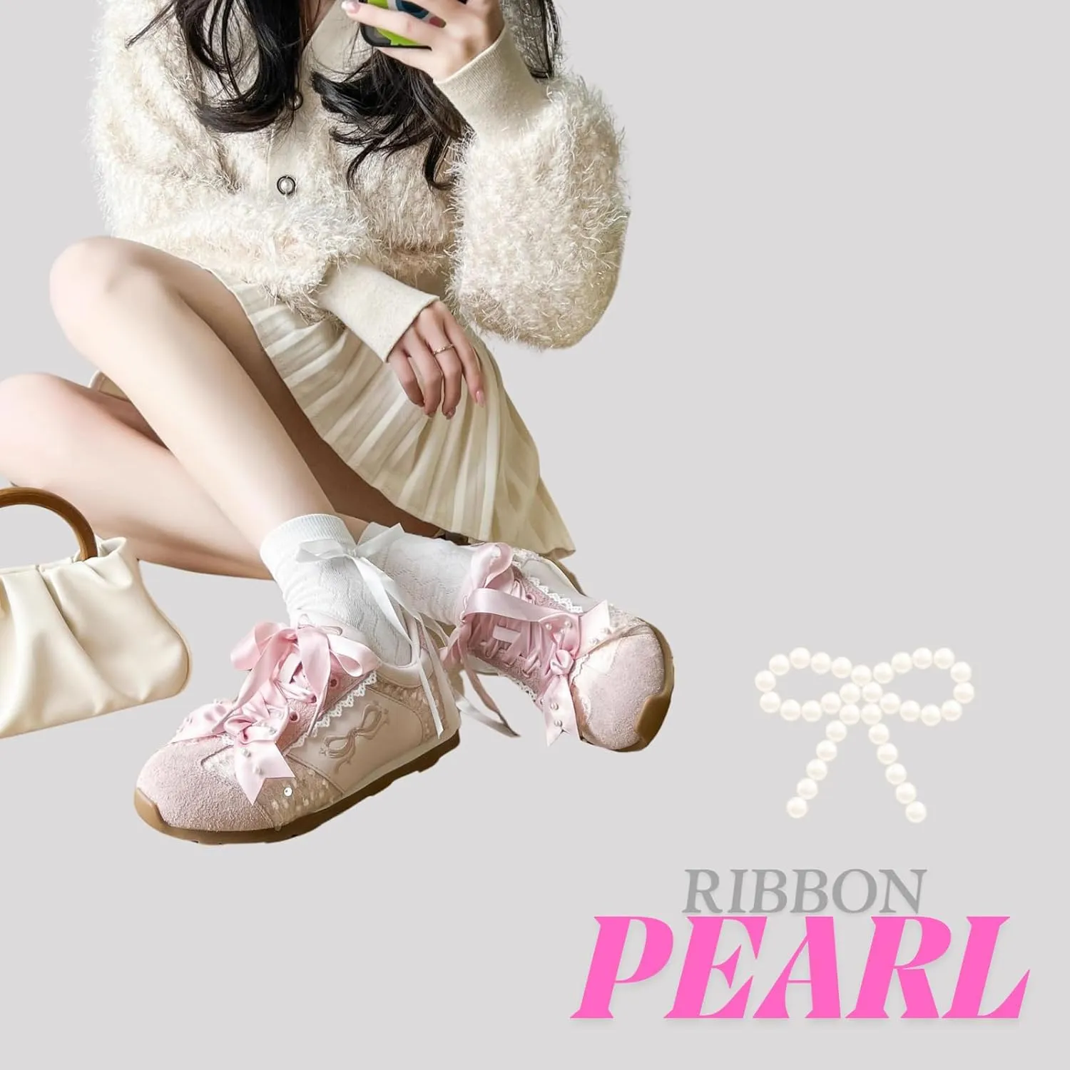 Kawaii Platform Shoes – Chunky Sneakers for Women, Aesthetic Ballet-Inspired Shoes with Bow & Pearls, Cute Fashion Backpack-Inspired Trainers