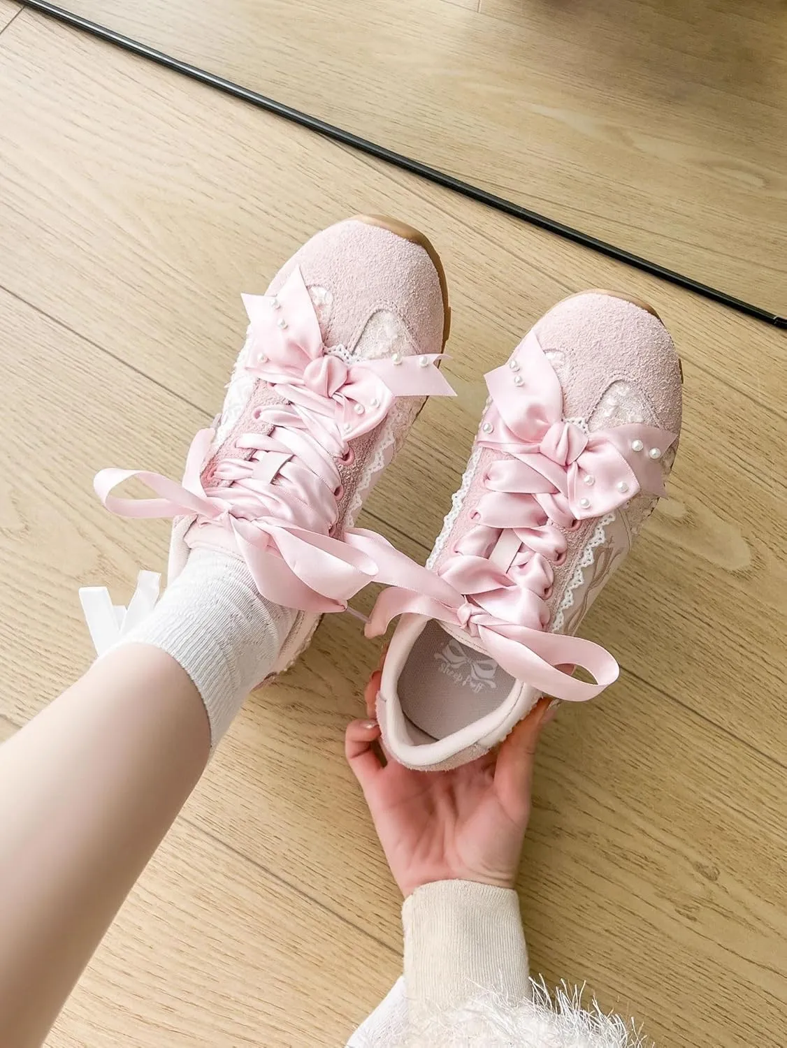 Kawaii Platform Shoes – Chunky Sneakers for Women, Aesthetic Ballet-Inspired Shoes with Bow & Pearls, Cute Fashion Backpack-Inspired Trainers