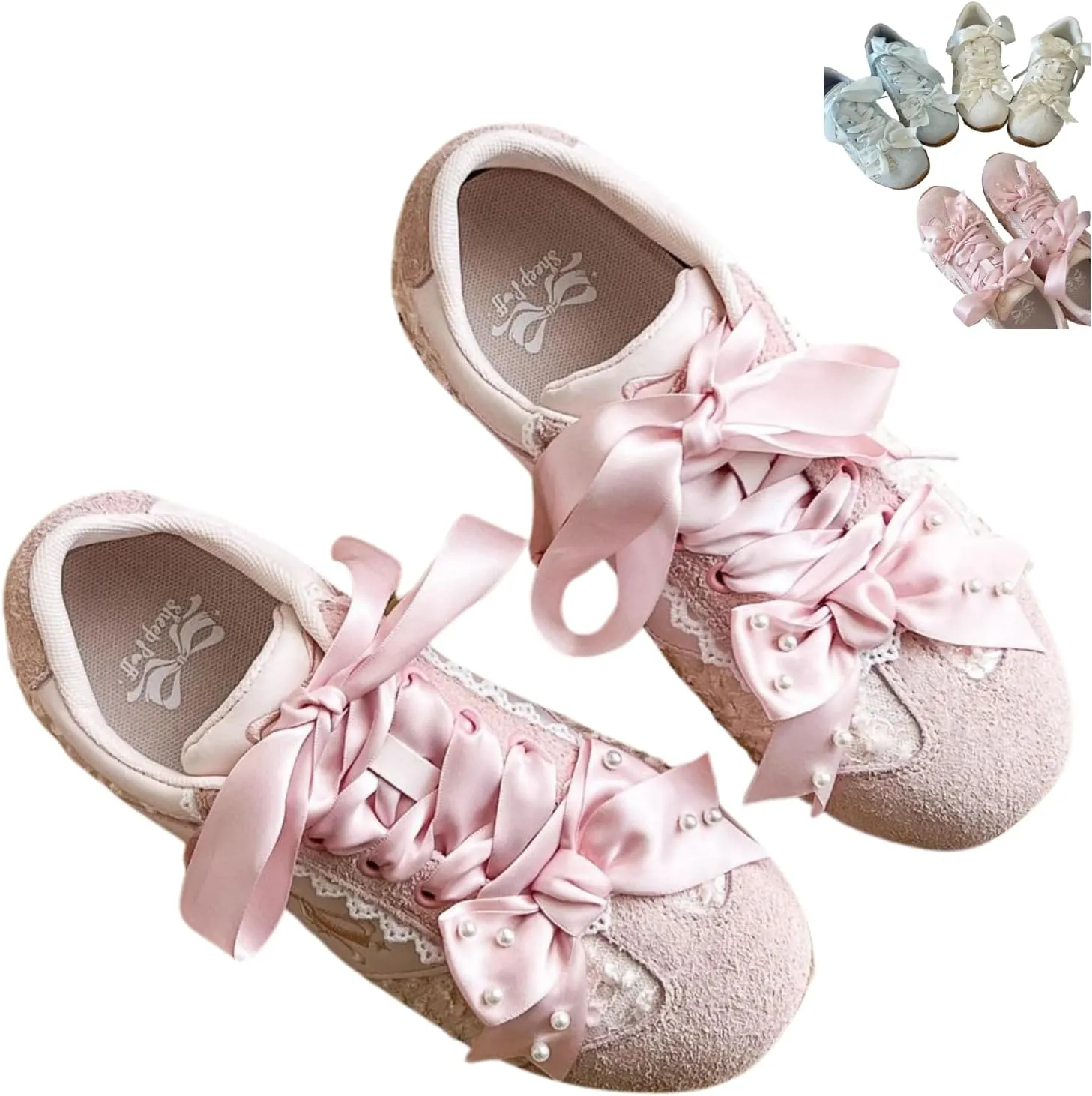 Kawaii Platform Shoes – Chunky Sneakers for Women, Aesthetic Ballet-Inspired Shoes with Bow & Pearls, Cute Fashion Backpack-Inspired Trainers