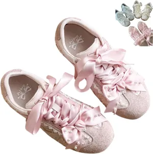 Kawaii Platform Shoes – Chunky Sneakers for Women, Aesthetic Ballet-Inspired Shoes with Bow & Pearls, Cute Fashion Backpack-Inspired Trainers