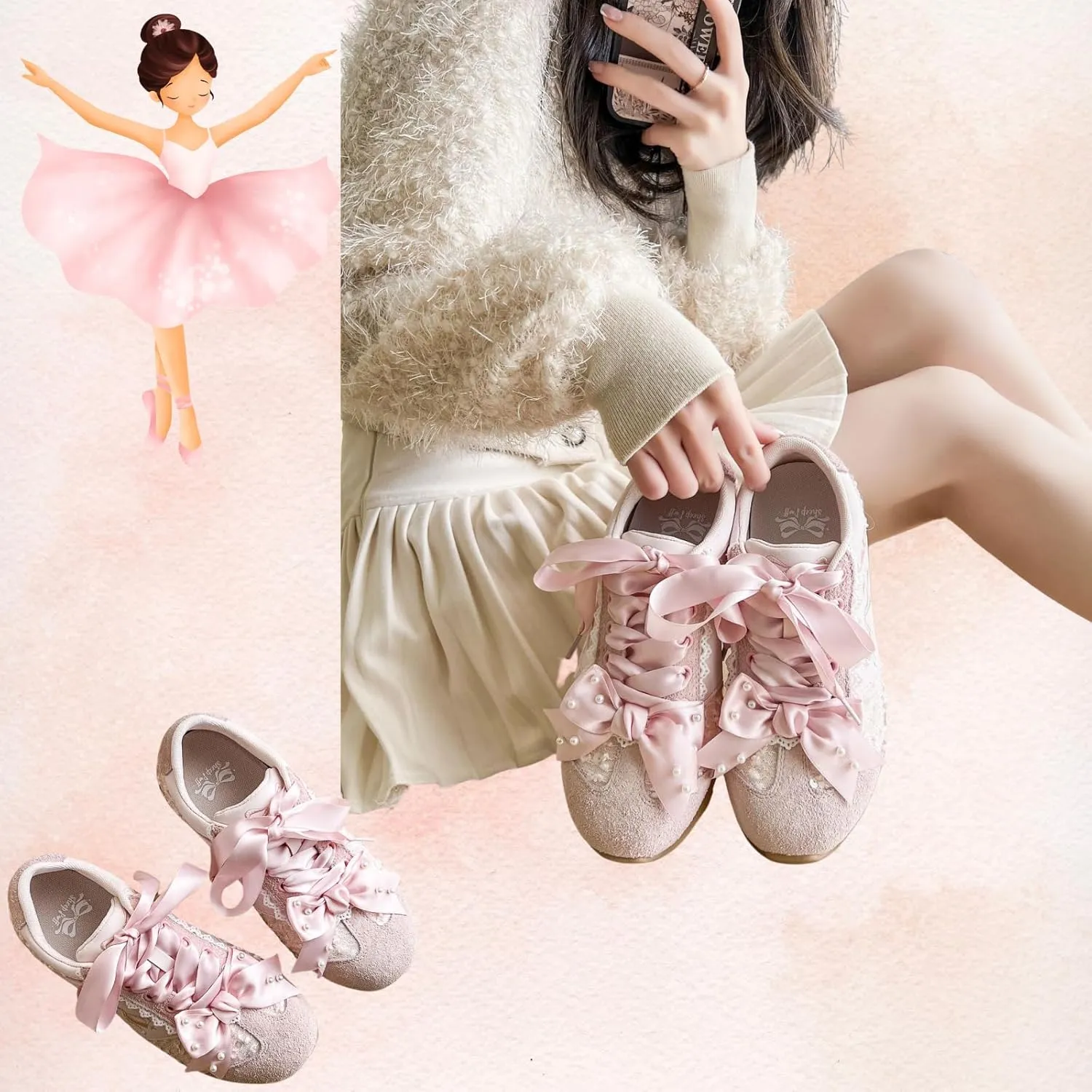 Kawaii Platform Shoes – Chunky Sneakers for Women, Aesthetic Ballet-Inspired Shoes with Bow & Pearls, Cute Fashion Backpack-Inspired Trainers