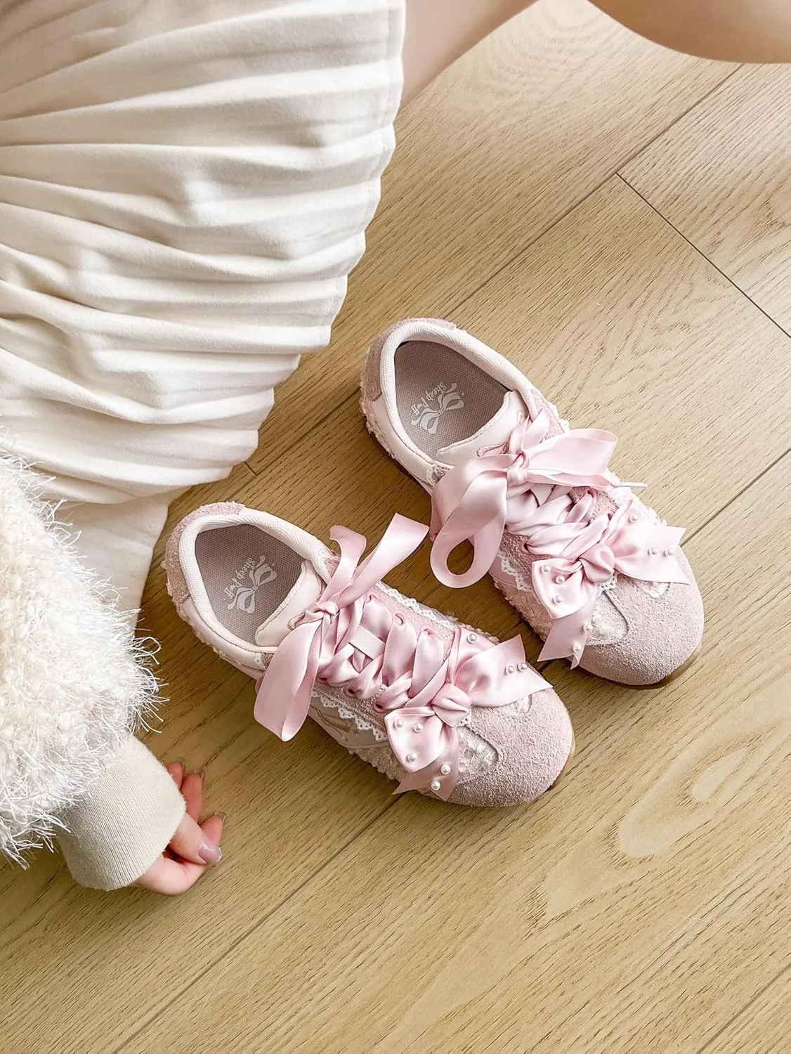 Kawaii Platform Shoes – Chunky Sneakers for Women, Aesthetic Ballet-Inspired Shoes with Bow & Pearls, Cute Fashion Backpack-Inspired Trainers
