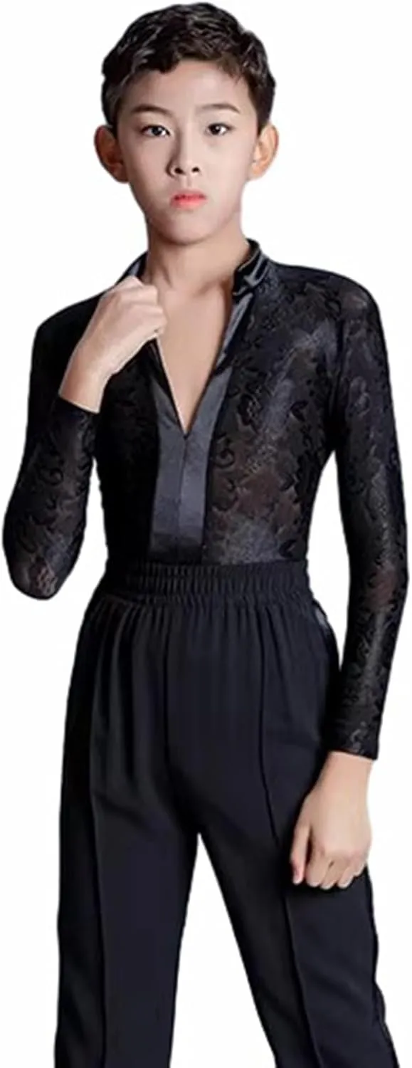 Kids Boys Floral Lace Mesh Latin Modern Dance Shirt Tops Leotard Ballroom Dancewear V-Neck Bodysuit See-Through